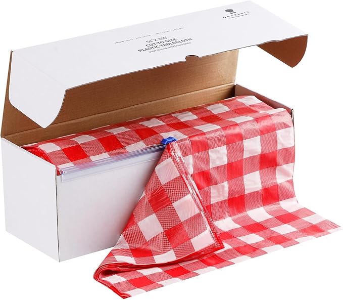 Goodluck 54 Inch X 300 Feet Plastic Table Cloths with Cutter Box, Red Checkered Disposable Table Cover Roll, Plastic Tablecloth for Party, Wedding, Birthday, Anniversary, Thanksgiving, Christmas