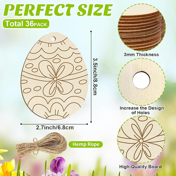 36PCS Wooden Easter Ornaments to Paint, 6 Styles DIY Blank Unfinished Wood Egg Cutouts Ornament for Crafts Hanging Decorations, Egg Rabbit Bunny Butterfly Flower Happy Easter