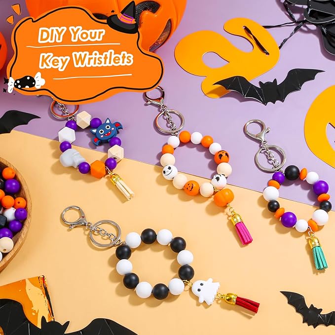 221PCS Halloween Silicone Beads for Keychain Making, Silicone Focal Bead Bulk with 15mm 14mm Loose Bead, 14mm Hexagonal Rubber Bead, Wooden Bead, Silicone Abacus Bead for DIY Necklace Bracelet Lanyard