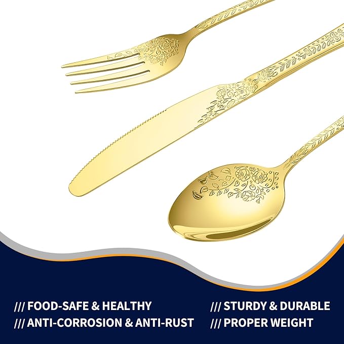 Floral 20 Pcs Gold Silverware Set for 4, Food Grade Stainless Steel Flatware Set with Rose Flower Embossed Design, Eating Utensils Sets Include Fork/Knife/Spoon, Reusable Cutlery Set, Dishwasher Safe
