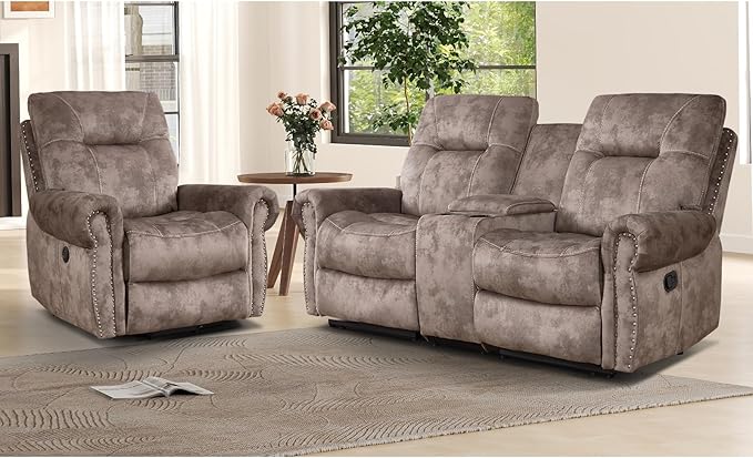 EBELLO 2 Pieces Reclining Couch Furniture Set for Living Room, 1 Seat Power Recliner Chair and a Manual Loveseat with Center Console, Hidden Storage and Cup Holders, Brown