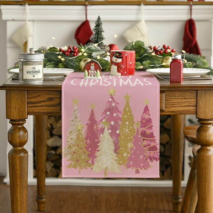 Artoid Mode Xmas Trees Snowflakes Pink Merry Christmas Table Runner, Winter Seasonal Kitchen Dining Table Decoration for Home Party Decor 13x120 Inch