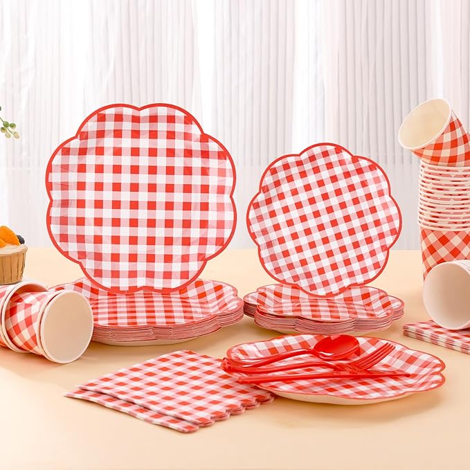 350 Pcs Red Gingham Plates and Napkins Party Supplies - Red and White Checkered Plates Sets Serve 50 Guests - Scalloped Gingham Paper Plate for Birthday Picnic Wedding Christmas Party Decorations