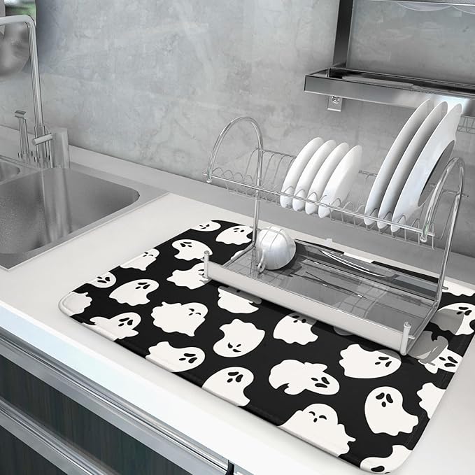 Halloween Dish Drying Mat for Kitchen Counter Cute Ghost Holiday Super Absorbent Reversible Microfiber Kitchen Countertop Protector Dishes Pad Large 18x24 inch