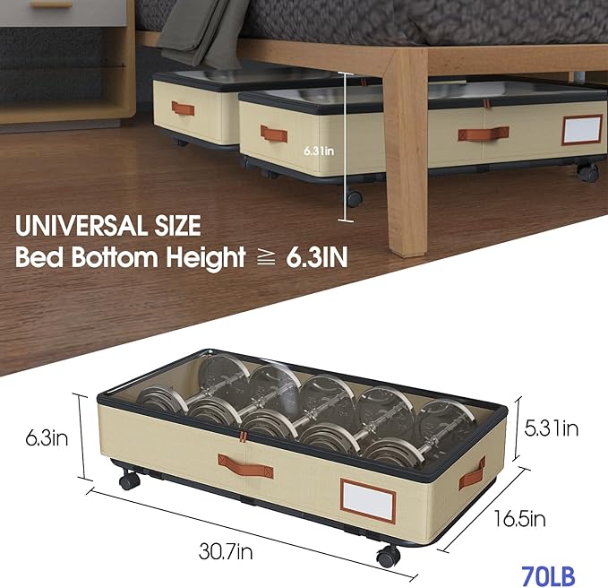 IUI Under Bed Storage with Wheels & Lid, 50L Large Capacity Underbed Storage Containers, Versatile Under The Bed Shoe Storage for Clothes, Books, Toys, 2 Pack, Ivory White