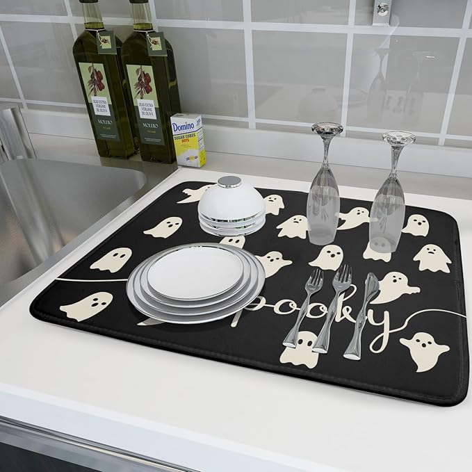 Halloween Dish Drying Mat for Kitchen Counter Spooky Ghost Holiday Super Absorbent Reversible Microfiber Kitchen Countertop Protector Dishes Pad Large 18x24 inch