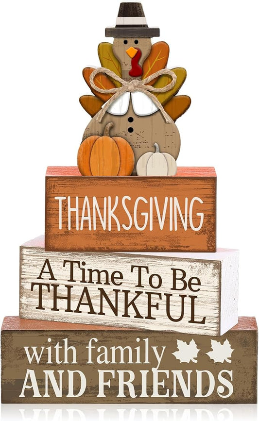 4 Pcs Fall Decoration for Home Thanksgiving Table Decoration Wooden Turkey Fall Tiered Tray Decor Thanksgiving Centerpiece Rustic Decorative Turkey Block Signs Gift Decor for Home Kitchen