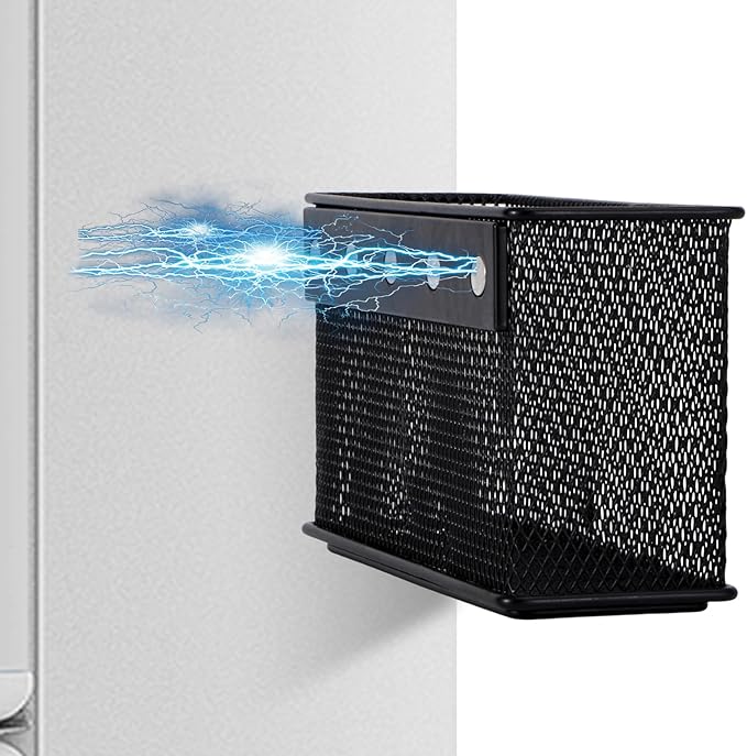 Wire Mesh Storage Baskets Organizer Set of 2 Black Magnetic Basket with 5 Strong Magnets Magnetic Organizer Holder for Refrigerator Locker Whiteboard Office, 6.29'' × 2.28'' × 3.54''