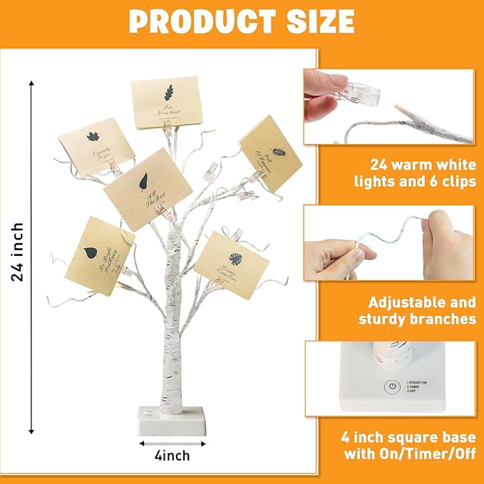 EAMBRITE Money Tree Gift Holder, Lighted Birch Tree 2FT 24LED, Battery/USB Powered Timer Light Up Display Twig Gift Card Tree with 6 Clear Clips and 6 Cards for Home Christmas Graduation Photo Memo