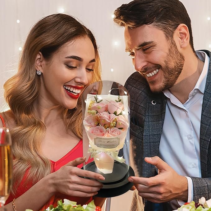 Gift for Her Forever Flower Bouquet for Delivery Prime Preserved Pink Roses Glass Dome LED Light 100 Languages I LOVE YOU Necklace Mothers Day Birthday Romantic Valentines Gift for Wife Women Mom