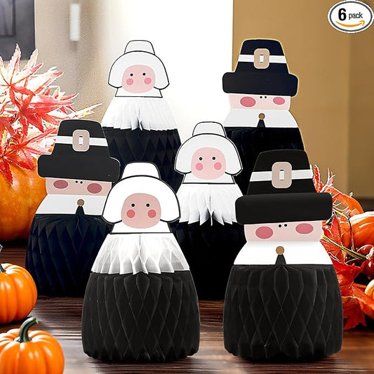 6 Pcs Fall Centerpiece Table Decorations Pilgrimage Couple Centerpiece Thanksgiving Table Decor 3D Paper Pilgrim Honeycomb Standing Decorations for Autumn Harvest Party Kitchen Home Decor