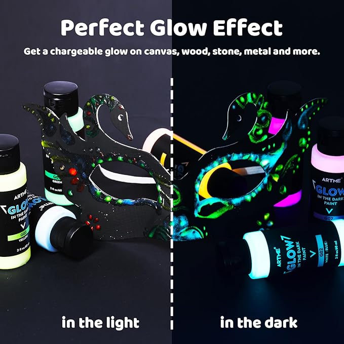 ARTME Glow in The Dark Paint, 10 Bright Colors 60ml/2oz Blacklight Paint Set, Neon Craft Paint, Acrylic Glow Fluorescent Paint Perfect for Art Painting, DIY projects, Halloween and Christmas Decoration