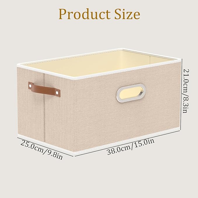 Yawinhe Collapsible Storage Box, Cube Storage Basket, Fabric Foldable Storage Bins Organizer Containers with Dual Leather Handles for Home Bedroom Closet Office,15.0 x 9.8 x 8.3 Inch, (Beige, 4-Pack)
