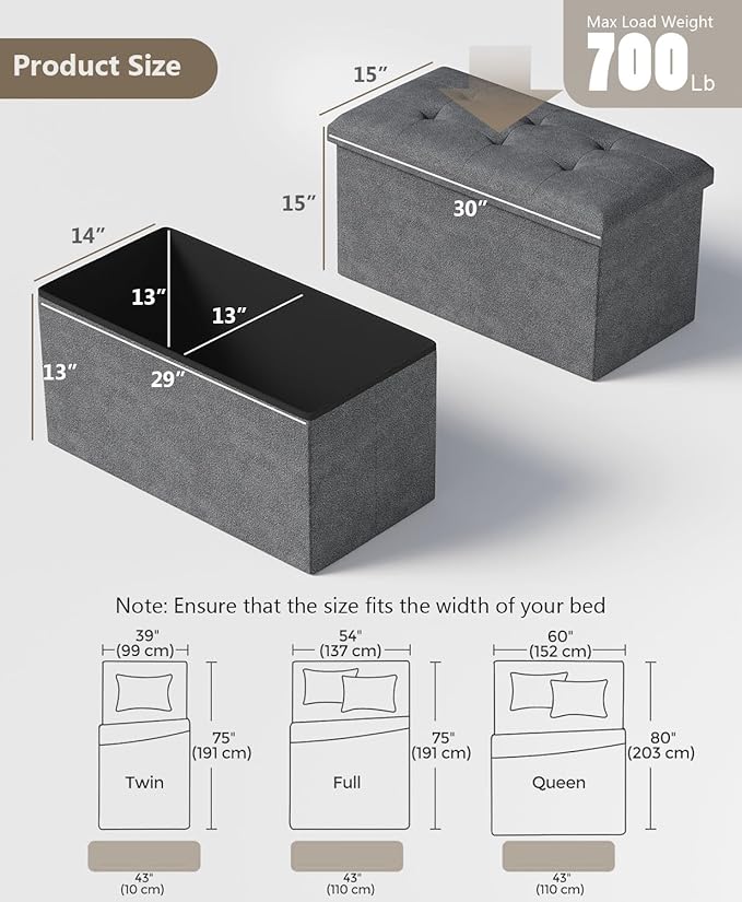 Storage Ottoman Bench, Folding Ottoman Foot Rest, 15 x 30 x 15 Inches, End of Bed Bench,Storage Chest, for Living Room, Bedroom, Hallway, Entryway, Dark Gray