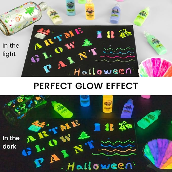 ARTME Glow in The Dark Paint, 18 Bright Colors 22ml/0.75oz Blacklight Paint Set, Neon Craft Paints, Glow Fluorescent Acrylic Paints Perfect for DIY projects, Halloween and Christmas Decorations