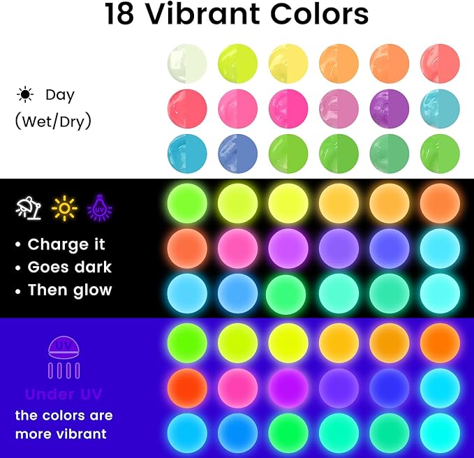 ARTME Glow in The Dark Paint, 18 Bright Colors 22ml/0.75oz Blacklight Paint Set, Neon Craft Paints, Glow Fluorescent Acrylic Paints Perfect for DIY projects, Halloween and Christmas Decorations