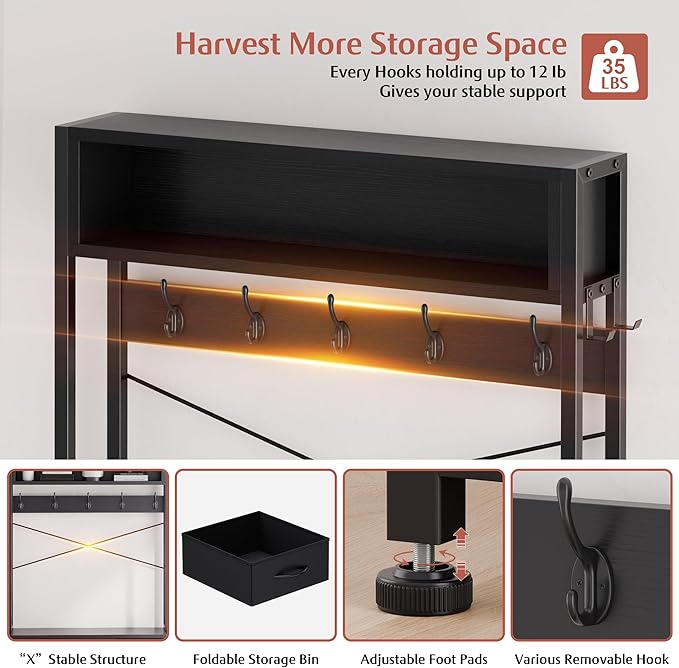 Lulive Hall Tree with Bench and Shoe Storage, 31.5" Coat Rack Freestanding with 2-Tier Storage Shelf, 6-in-1 Entryway Bench Coat Rack with 12 Hooks and 3 Drawers(Black)