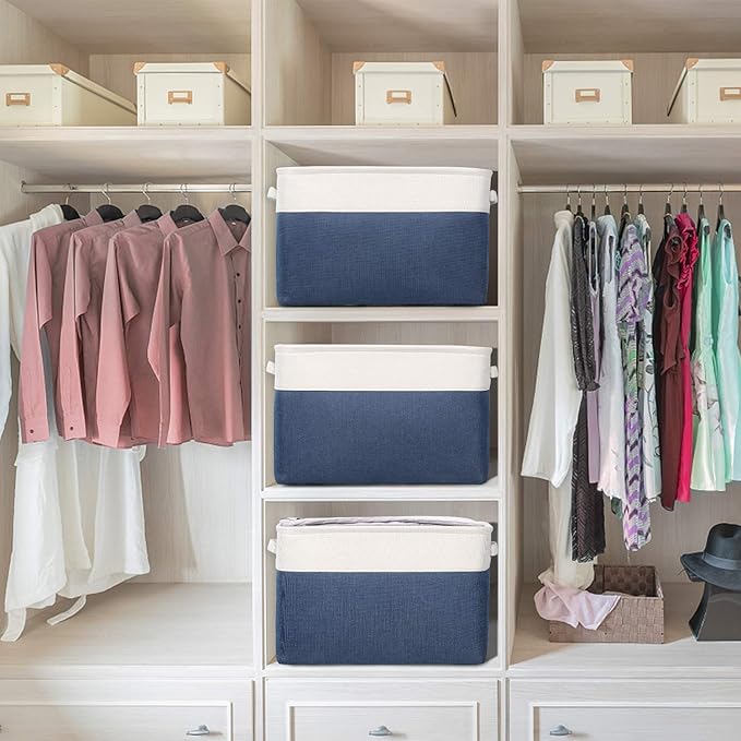 Kntiwiwo Foldable Storage Bins 15" x 10" x 9.5" Fabric Storage Basket Cube with Handles Large Linen Closet Organizer Bins for Organizing Shelf Home, Set of 3, Blue