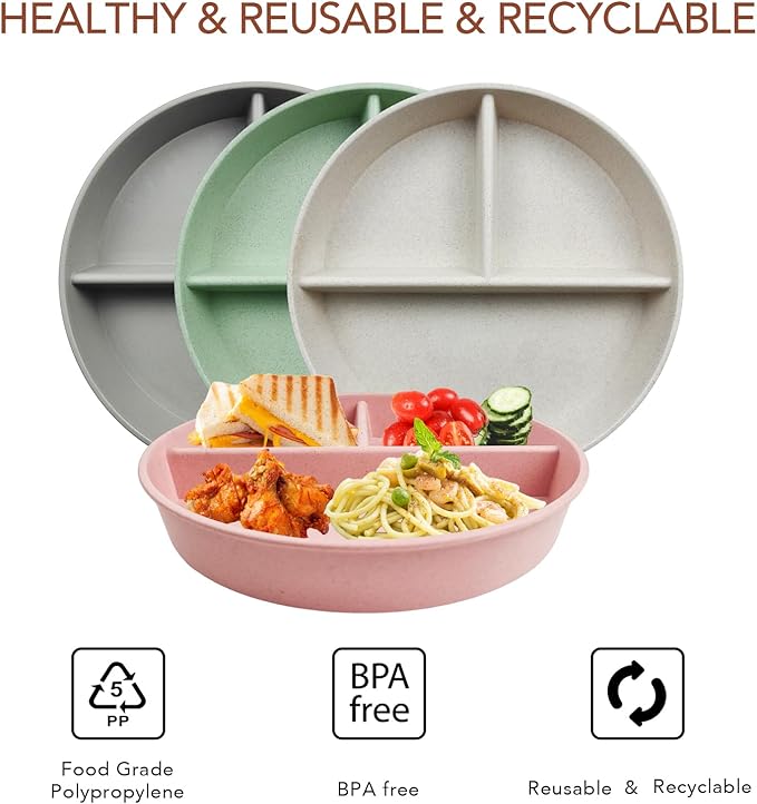 greenandlife 9 Inch 4PCS Divided Plates with Lids, Portion Control Plates for Kids Adults, Dishwasher Microwave Safe Compartment Plate, Unbreakable Lightweight Reusable Wheat Straw Plate Set, INS
