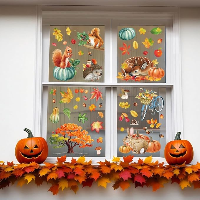Fall Window Clings 9 Sheets Large-Size Window Clings for Glass Windo Decoration Autumn Leaves Animals Woodland Home Bedroom Nursery Room Windo Decals