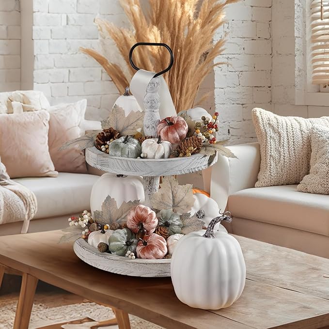 Artmag 25 PCS Pumpkin Decor Set, Artificial Fabric Pumpkins Decor with Acorns, Pinecones, Berries, Maple Leaves for Fall Halloween Thanksgiving Decorations Home Table