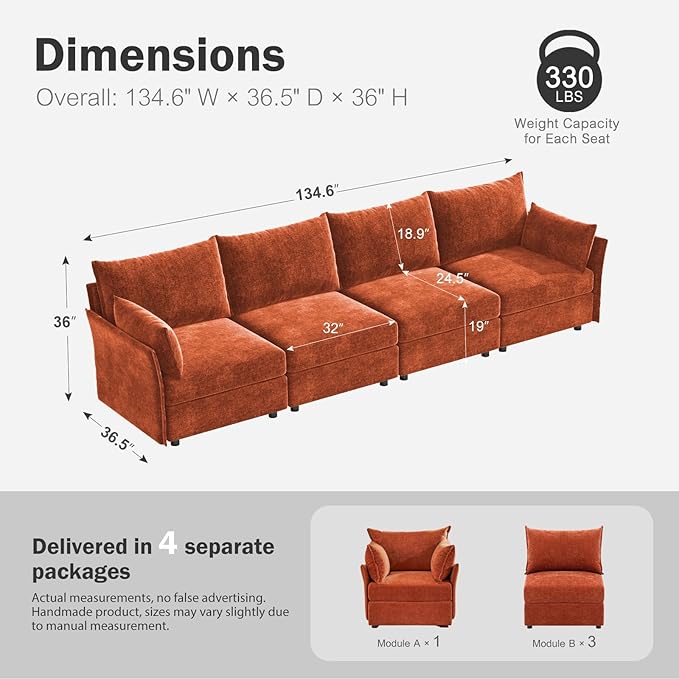 134.6" Modular Sectional Sofa, Oversized 4 Seater Terracotta Orange Couch with Removable Chenille Fabric Cover, Deep Seat & High Backrest for Living Room, Office & Apartment