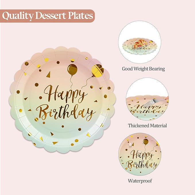 50PCS Pastel Rainbow Birthday Paper Plates, 7 Inch Disposable Happy Birthday Dessert Plates Cake Plate Scalloped Colorful Gold Dot Party Plate Aniversary Party Supplies Decorations for Boys Girls