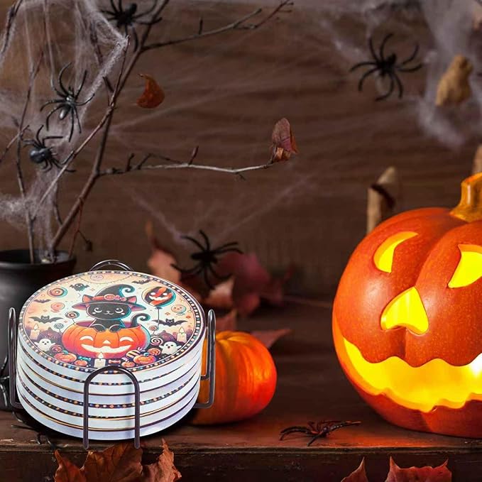 Halloween Ceramic Coasters Set of 6 with Holder – Black Cat in Pumpkin Design – Non-Slip Absorbent Drink Coasters for Halloween Party Decor and Gifts