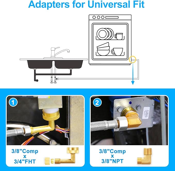 Dishwasher Installation Kit - 10 FT Stainless Steel Braided Dishwasher Hose kit,Food Grade PEX Inner Tube Water Line with Add A Tee,3/8"MIP Elbow,3/8"x3/4"FHT Elbow