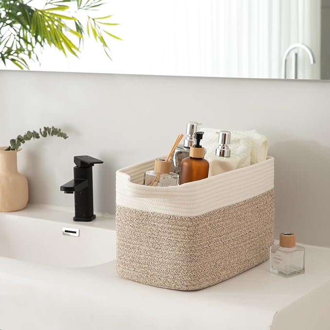 OIAHOMY 3 Pack Storage Baskets for Organizing, 13''X9.85''X8.7'' Storage Bins,Woven Basket with Handles, Toy Storage Bin,Stylish Room Decor Basket, white & Brown variegated