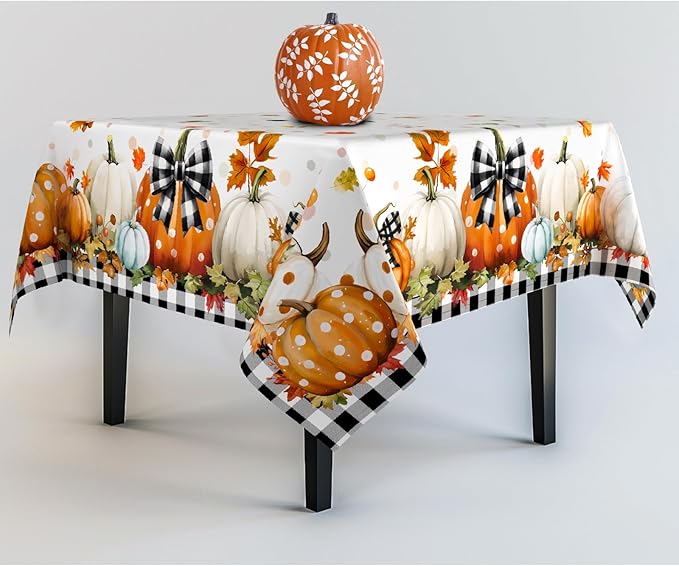 Fall Pumpkin Tablecloth Thanksgiving Autumn Buffalo Plaid Table Cloth 60"x60", Waterproof and Reusable Table Cover for Fall Harvest Party Decoration