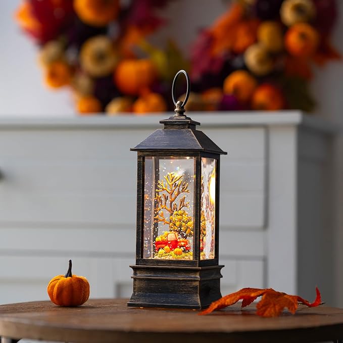 Fall Snow Globe Lantern Thanksgiving Glittering Lighted Lantern, Fall Harvest Day Decorations Gifts, Home Fall Halloween Decor (Pumpkins &Truck)
