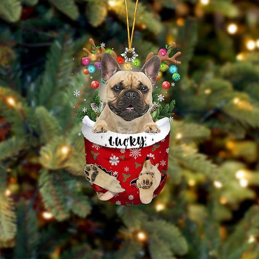 Fawn French Bulldog Dog Christmas Ornament, Fawn French Bulldog in Snow Pocket Christmas Tree Ornament, Dog Lovers Gift Idea Xmas Decor, Decorations for Tree, Christmas Ornament Gift for Dog Lovers