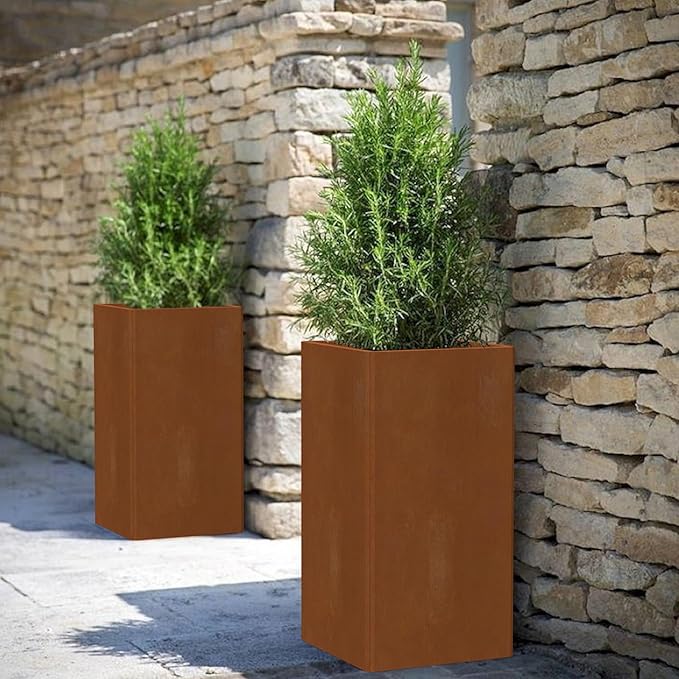 Modern Cor Ten Steel Planter – 28” Tall Planters with Removable Insert Shelf | Heavy-Duty Rust-Resistant Metal Planter Box for Patio, Porch & Garden (14x14x28in)