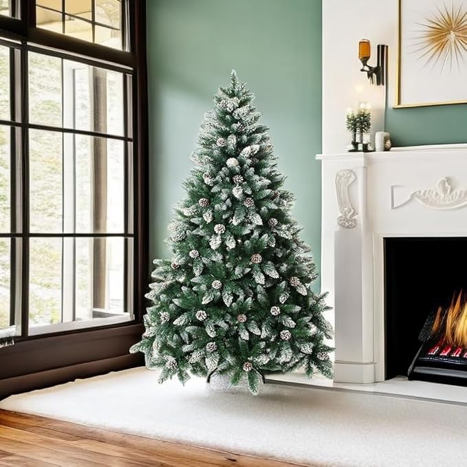 Artificial Christmas Tree 5/6/7/7.5 Foot Flocked Snow Trees with Pine Cone Decoration Unlit
