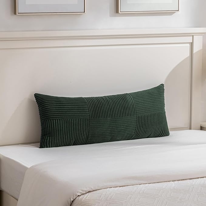 Fancy Homi Set of 2 Dark Green Boho Long Lumbar Body Decorative Throw Pillow Cover 14x36 Inch for Bed Couch Bedroom Bench, Soft Patchwork Corduroy Textured Pillow Case, Rustic Farmhouse Room Decor