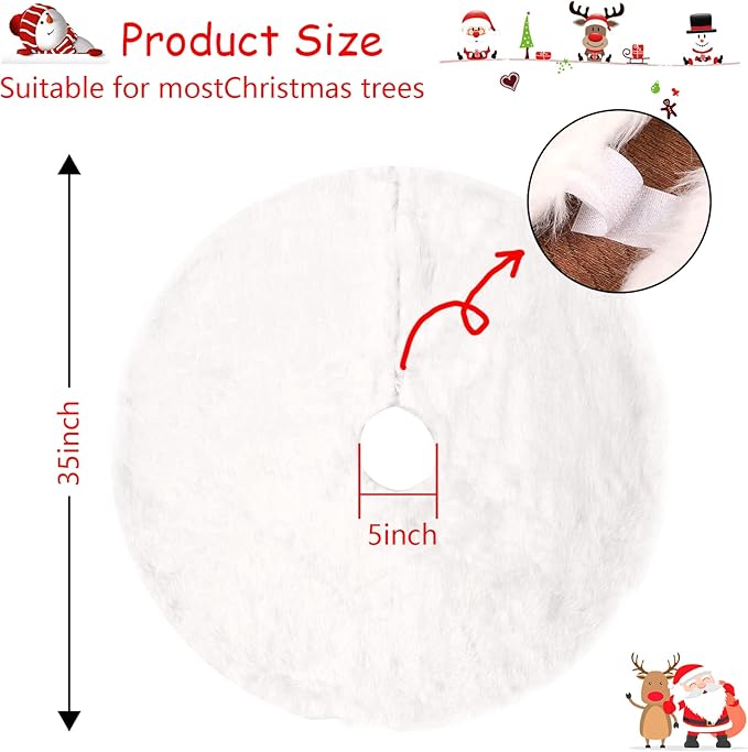 35 Inch Faux Fur Christmas Tree Skirt with Lights Soft Snow White Plush Tree Mat Christmas Decorations Fluffy Tree Skirts Xmas Holiday Party Indoor Decorations