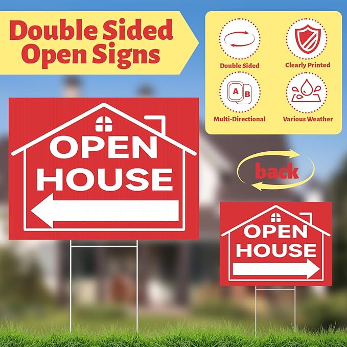 44 Pcs Open House Signs for Real Estate Agent Supplies, Double Sided Open House Flag with Poles Kit, 7.6 x 5.4 Ft Red Opening Sign Banner Set, 5 Pack Yard Signs with Metal Stakes 30 Balloons