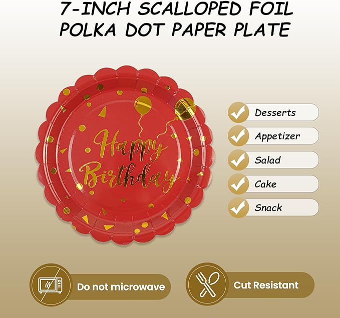 50PCS Happy Birthday Paper Plates - 7 Inch Birthday's Cake Plates Scalloped Dessert Plate Disposable Party Tableware Decorations for Birthday's Party Supplies (Red Birthday, 7 Inch)
