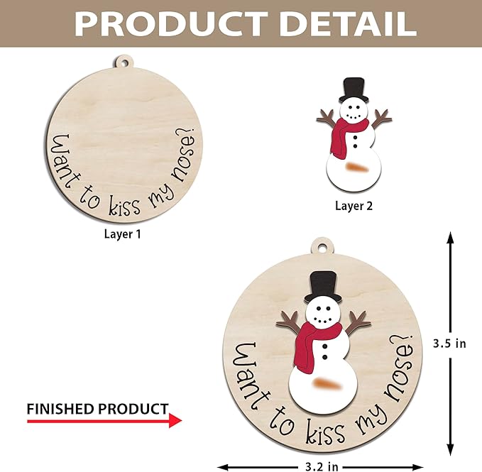 Funny Christmas Ornament – Adult Humor Snowman “Want to Kiss My Nose?” Wooden Round Tree Decoration, Hilarious Gag Gift for White Elephant, Secret Santa Exchange(L15)