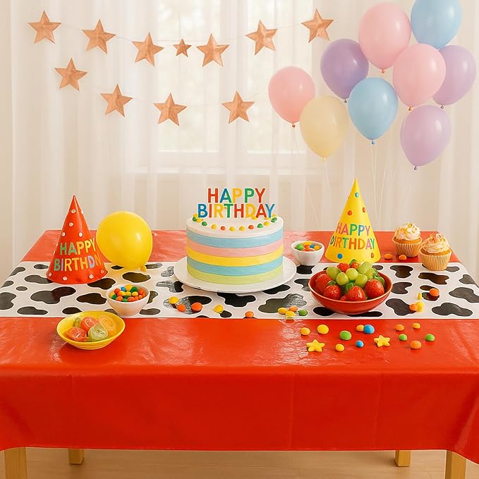 6 Pack 108 x 54 Inch Cow Print Tablecloth Cow Plastic Table Cover Birthday Party Table Cloth Disposable Plastic Farm Animal Party Cover for Disco Cowgirl Decorations Supplies Red
