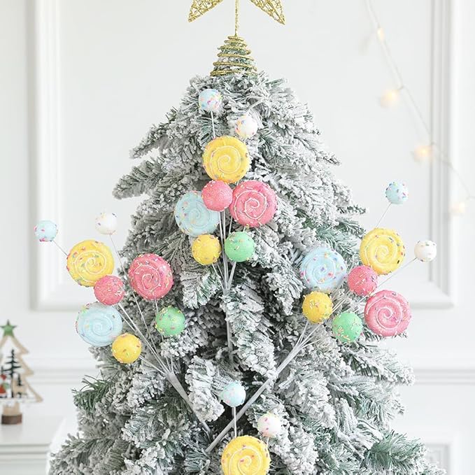 2Pcs Christmas Tree Picks Branch Decorations Macaron Topper Ornaments Candy Spray Picks Twigs Stems for Xmas Wreath Decoration New Year Party