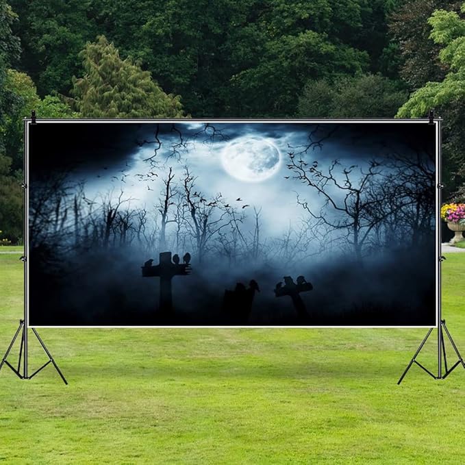 AOFOTO 20x10ft Moon Night Halloween Cemetery Photography Backdrop Flying Bats Birds Stand on Gravestone Cross Graveyard in Dark Forest Photo Background Cloth Vinyl Wallpaper Photo Studio Props