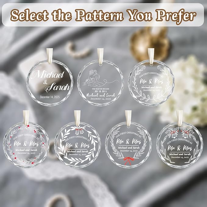 First Christmas Married Ornament 2025, Custom Wedding Crystal Glass Ornament with Photo, Name or Date, Personalized Wedding or Bridal Shower Gifts for Newlyweds