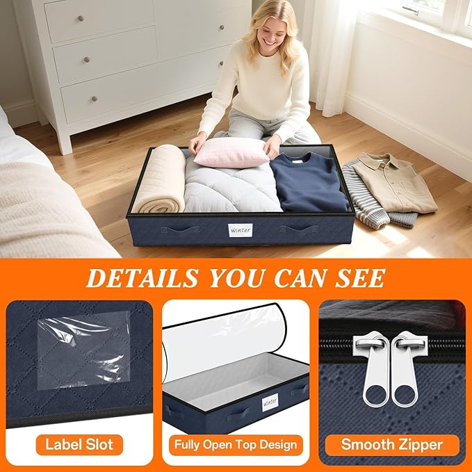 SpaceWhisper 90L Under Bed Storage Containers, 2-Pack Storage Bins with Clear Top, Foldable Closet Organizers and Storage with Label Holder for Clothing, Blankets, Comforter & Pillows(Blue)