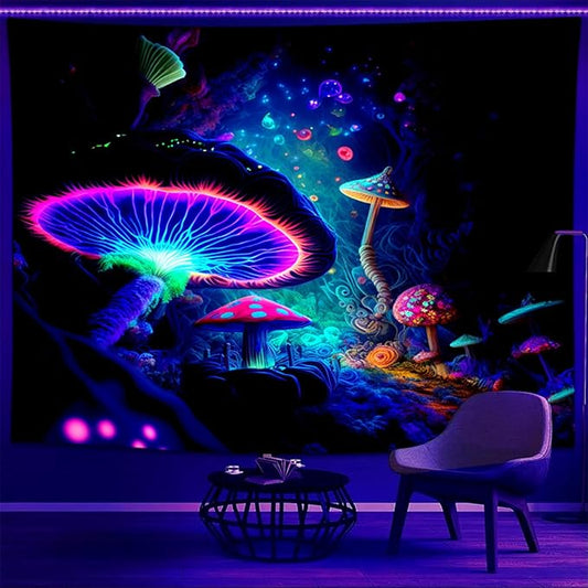 Blacklight Mushroom Tapestry Glow In The Dark Fantasy Forest Tapestry UV Reactive Magic Tapestries Wall Hanging Decor for Bedroom Dorm Living Room (35" x 47")