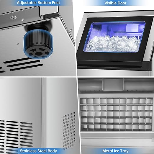 Ice Maker Commercial Ice Machine 200 lbs /24H, 33 lbs Large Storage Capacity Bin, Under Counter or Freestanding Ice Cube Makers Stainless Steel for Restaurant Bar Cafe
