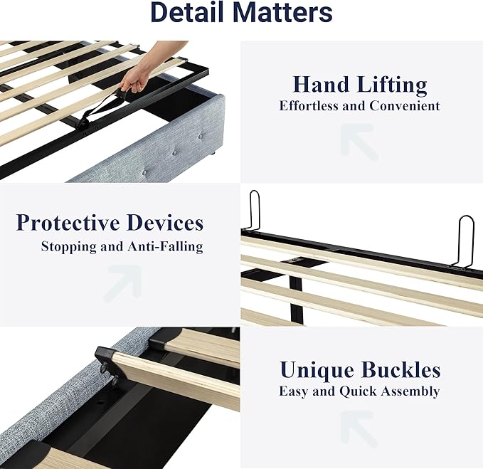 Allewie Queen Size Lift Up Storage Bed, Button Tufted Headboard with Wingback, Hydraulic Support, No Box Spring Needed, Grey Blue