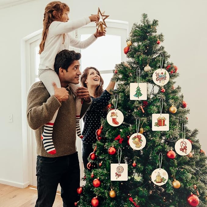 60 Pcs Wooden Tags, 3x3 Inch Unfinished Round Wood Pieces Blank Square Wooden Slices with Holes, with Jute Twines for Sign Tags Home Party Hanging Decoration