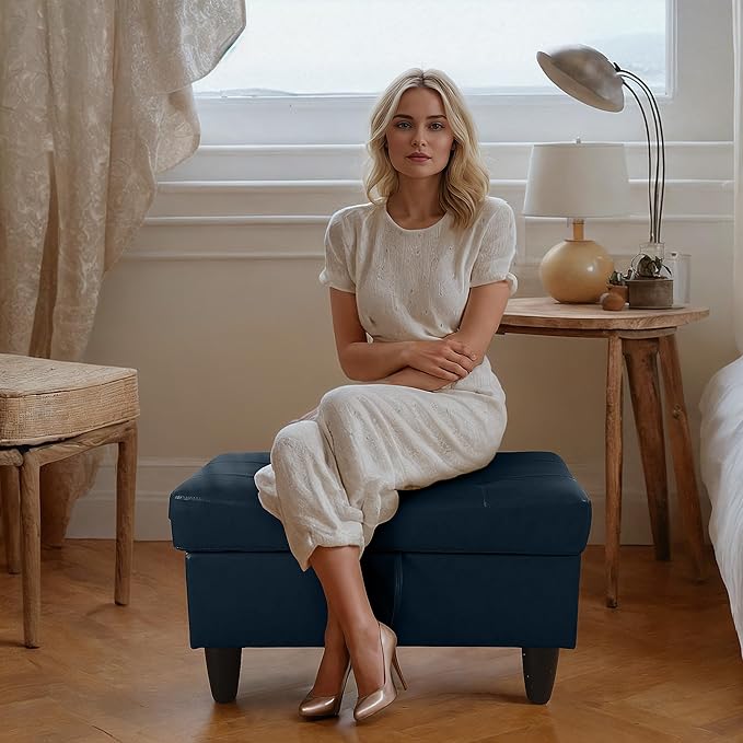 Ottoman Rectangular Storage Ottoman Bench, Faux Leather Footrest, Coffee Table, Stool Footstool with Hinged Lid for Living Room, Bedroom, Entryway, Dark Blue, 35"x23.5"x17.5"